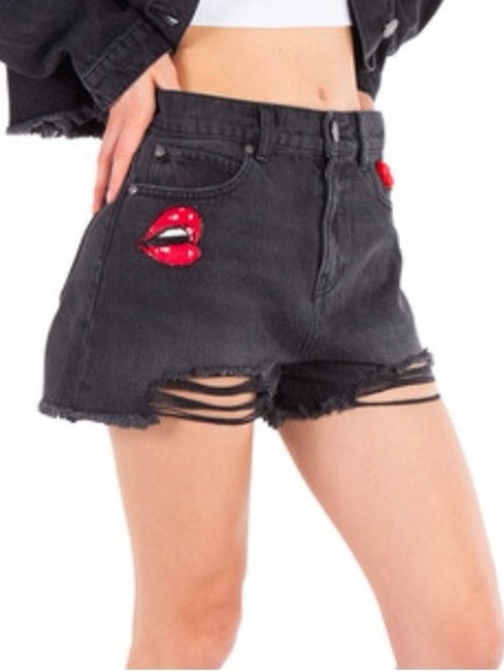 Pinko Gina Black Denim Cut Off Distressed Beaded Patch Lips Short Sz 27